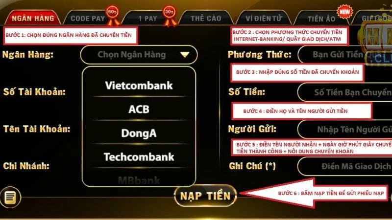 Các phương thức nạp tiền game Tài Xỉu Hitclub phổ biến