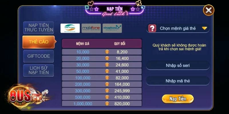 Nạp Tiền Qua Thẻ Cào