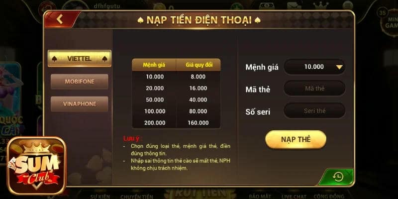Lưu Ý Quan Trọng Khi Nạp Tiền Tại Sumclub