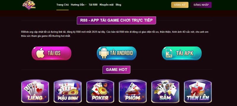 Giao diện app R88 bắt mắt, tốc độ load game nhanh chóng, dễ thao tác.