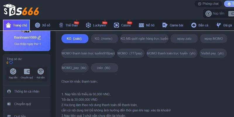 Giao diện nạp tiền S666 thân thiện, thao tác đơn giản cho mọi người chơi.