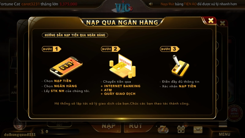 Hệ thống nạp tiền Vicclub nhanh chóng với nhiều phương thức