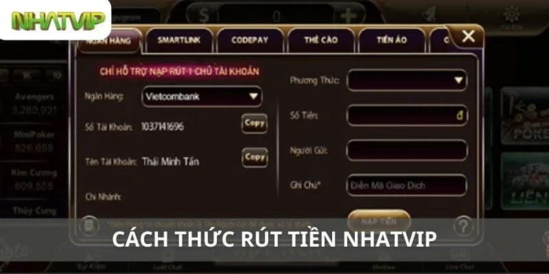 Hình ảnh giao diện rút tiền tại nhatvip, thao tác đơn giản chỉ trong vài bước.