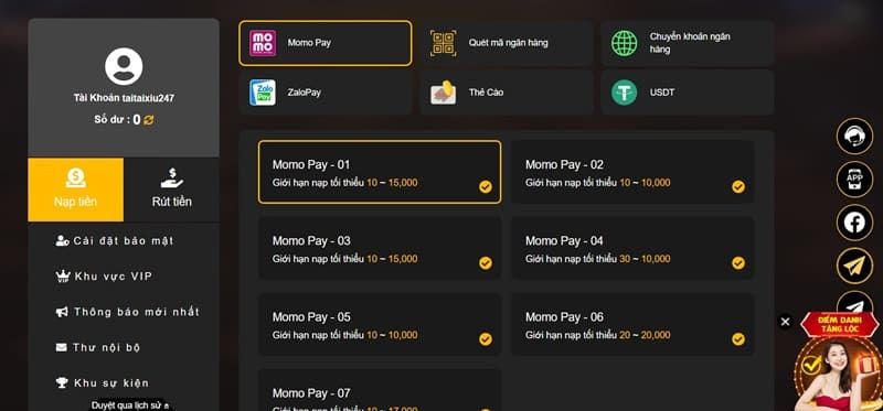 Giao diện nạp rút tiền tại 9WIN, nhanh gọn và an toàn. Link vào 9WIN.