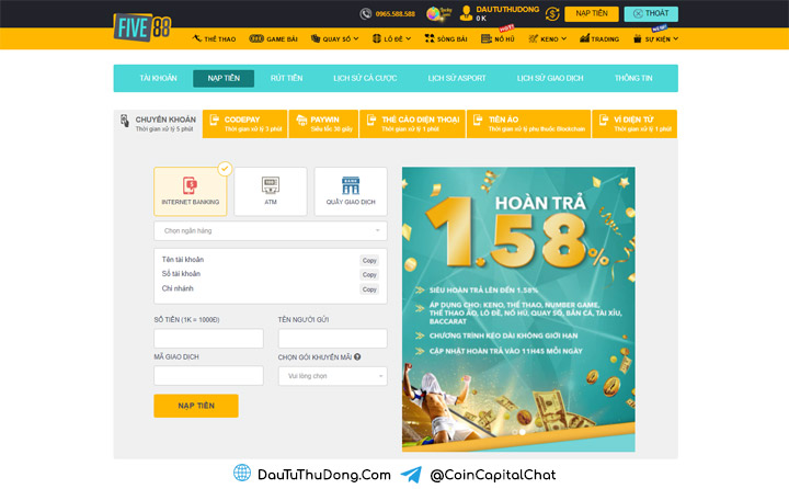 Giao diện nạp tiền Five88 với nhiều phương thức tiện lợi.