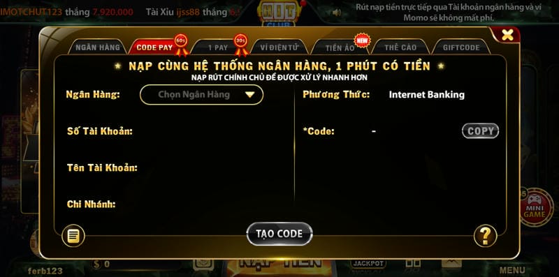  Rút tiền nhanh chóng từ tài khoản HitClub sau khi thắng xổ số.