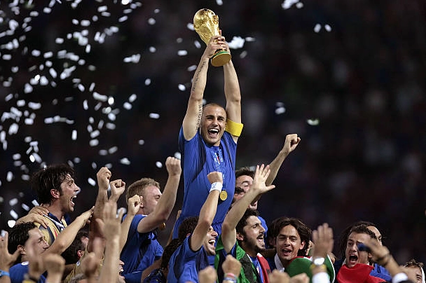 Italian defender Fabio Cannavaro celebrates with the trophy after the World Cup 2006 final football game Italy vs.France, 09 July 2006 at Berlin